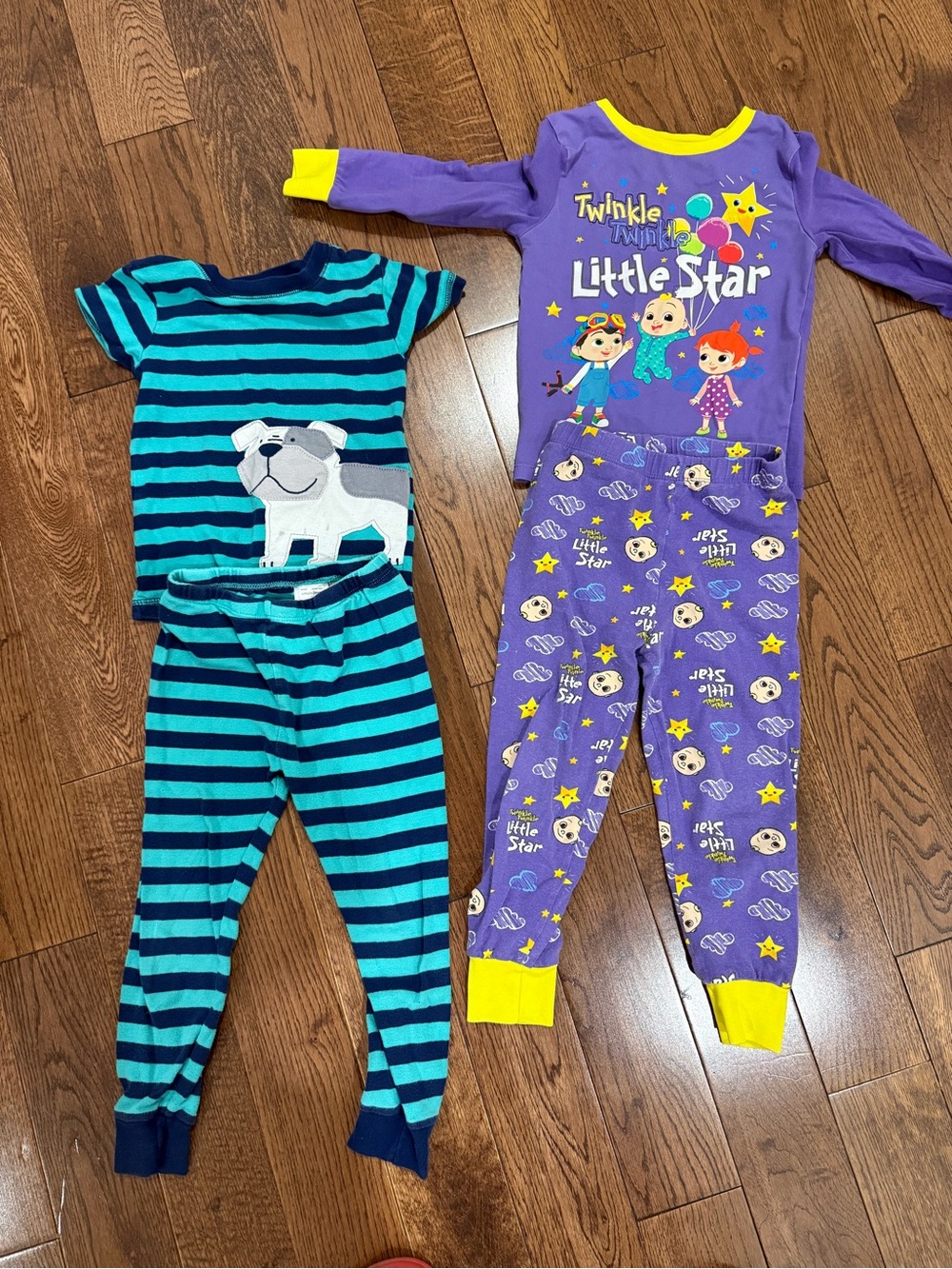 2 Carter's Blue & Cocomelon Purple pyjamas Sets - Striped Bulldog & Little Star